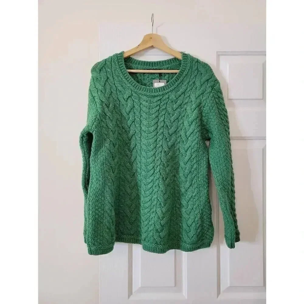 Irelandseye knitwear Primrose A-Line Cable Round Neck Sweater Green Marl L NWT $